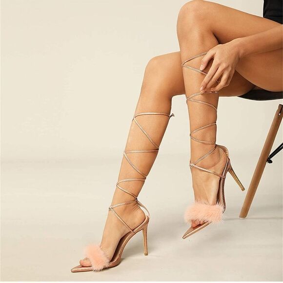 Lace-Up Heels Strappy High Heel Sandals Stiletto Heeled Pumps Tie up Pointed Toe - Picture 1 of 8